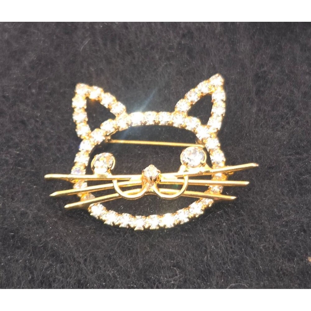 Vintage Rhinestone Cat Open Face Brooch Pin Sparkle Bling